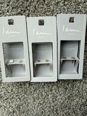 I AM Silver Sterling Stud Earrings Trio - Silver & Gold Plated
